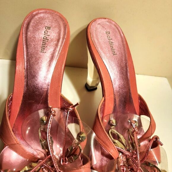 Vtg. Mint Baldinini Pink Leather/PVC Flower Lucite Heel Sandals Sz.6.5 Ret$475 - Picture 9 of 13
